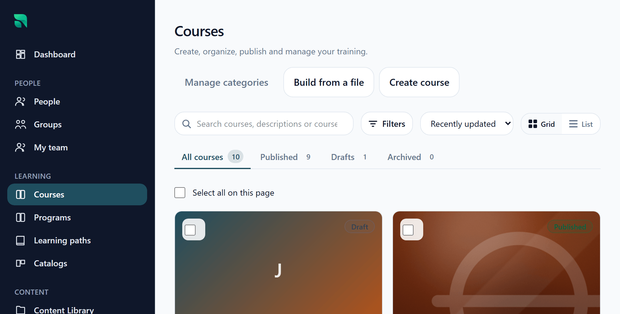 The Radplicity course list, showing published courses with their item counts.