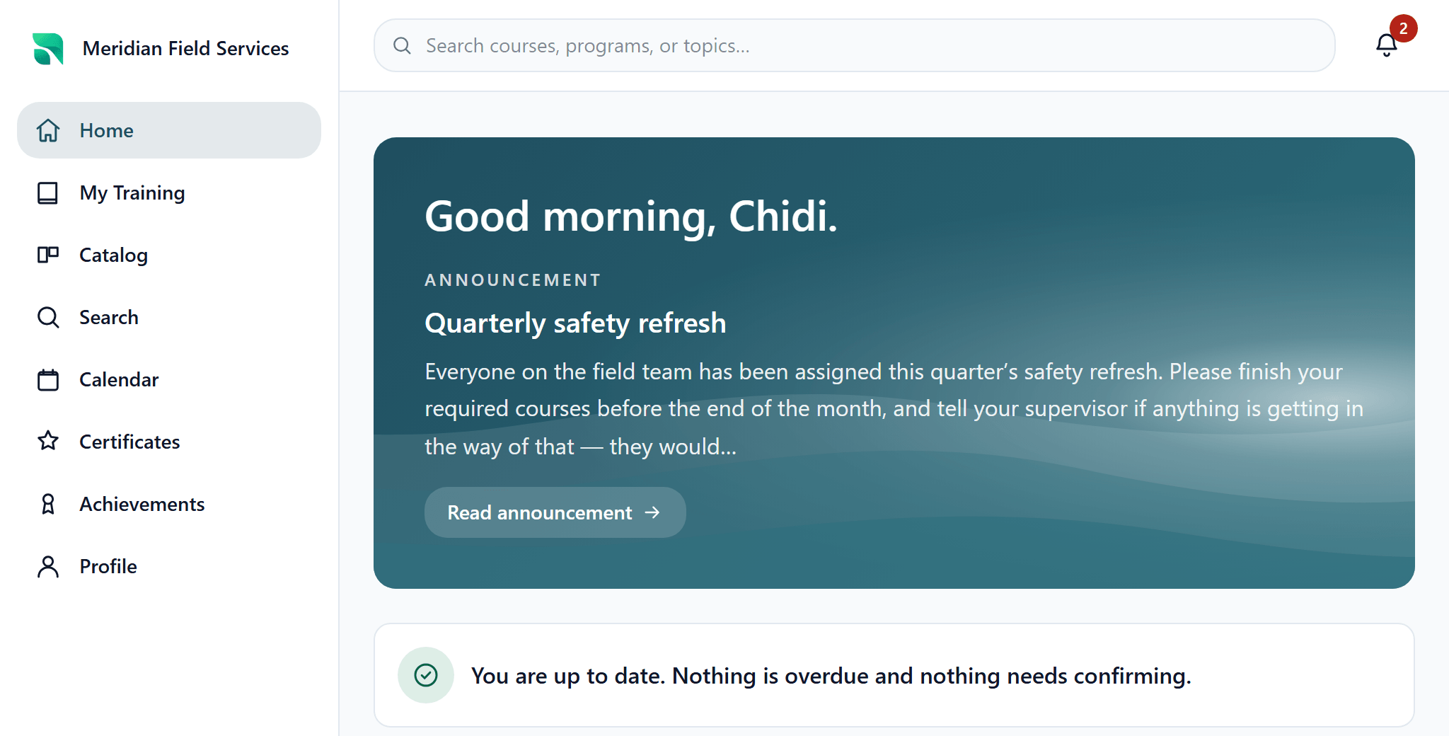 The Radplicity learner dashboard, showing the training a learner needs to complete.