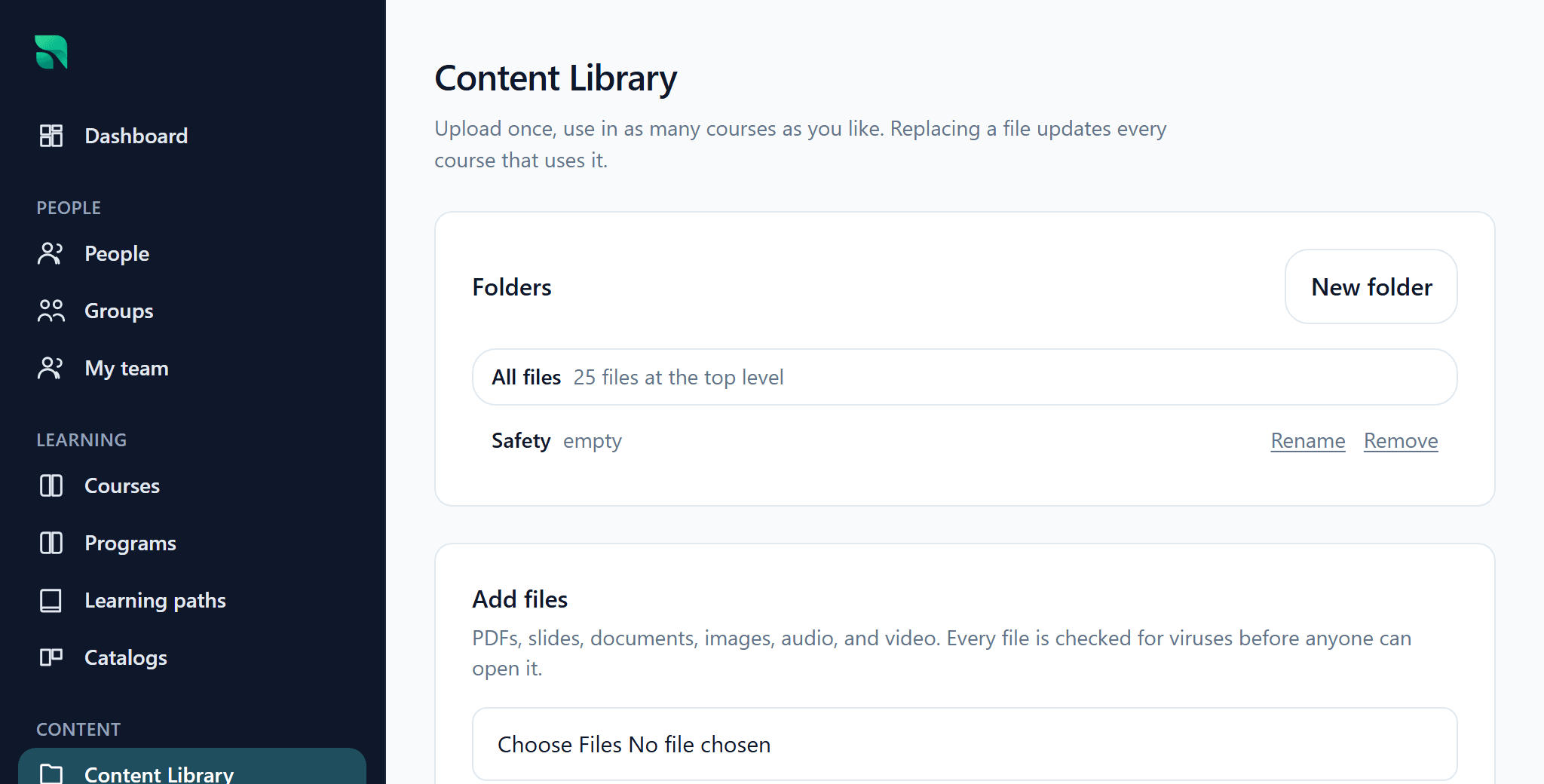 The Radplicity Materials Library, showing training files organized in folders.